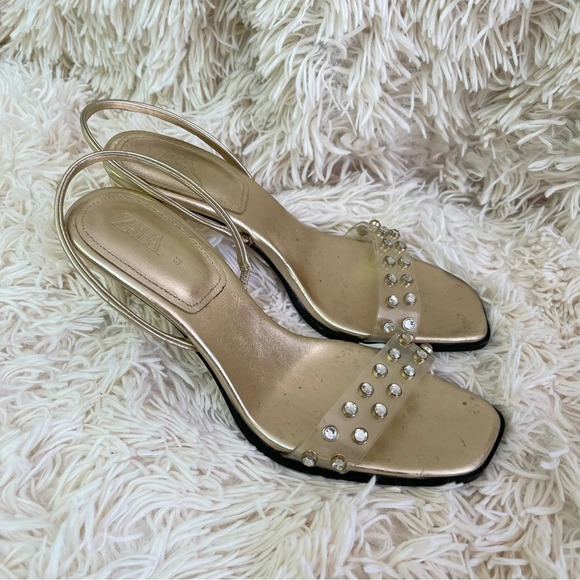 ZARA Golden metallic VINYL HIGH HEELED 3” SANDALS JEWELS SIZE USA 8 or 38 - Picture 1 of 9